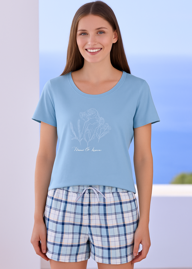 Blue Floral Tee with Checked Shorts