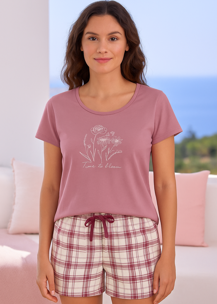 Pink Floral Tee with Checked Shorts