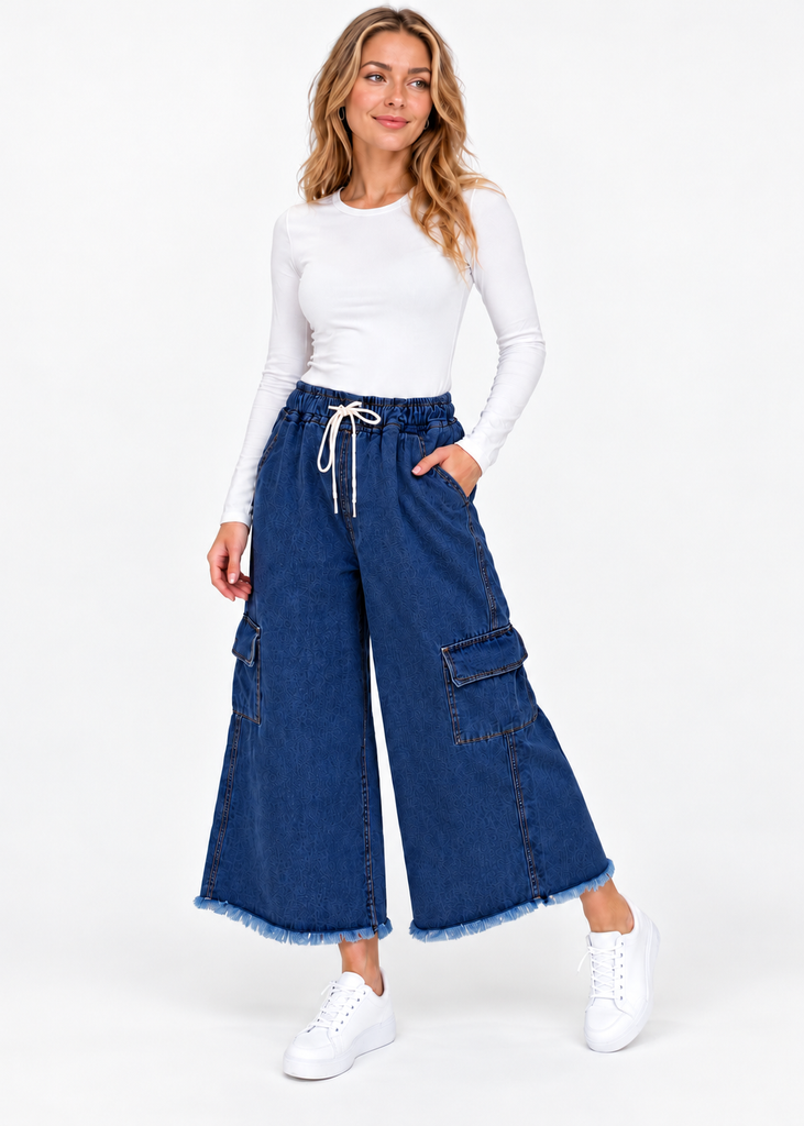 Cargo Dark Blue Wide Leg Elastic waist Pant