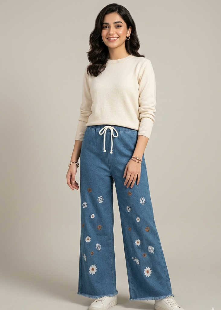 Blue Denim Wide Leg Jeans With Daisy Embroidery