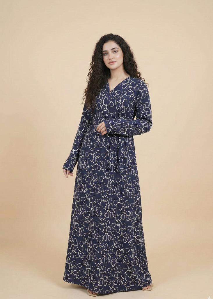 Navy Patterned Double Breasted Long Dress