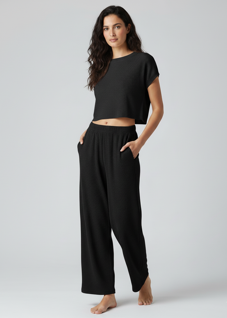 Rib Knit Wide Leg Pull On Pants Black
