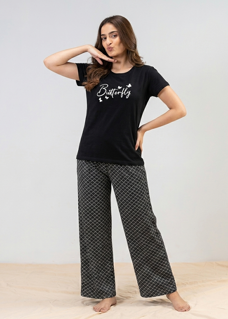 Premium Butterfly Print Wide-Leg Night Suit