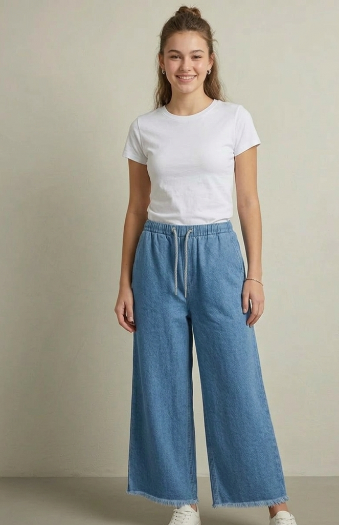 Denim Blue Wide Leg Elastic waist Denim Pant