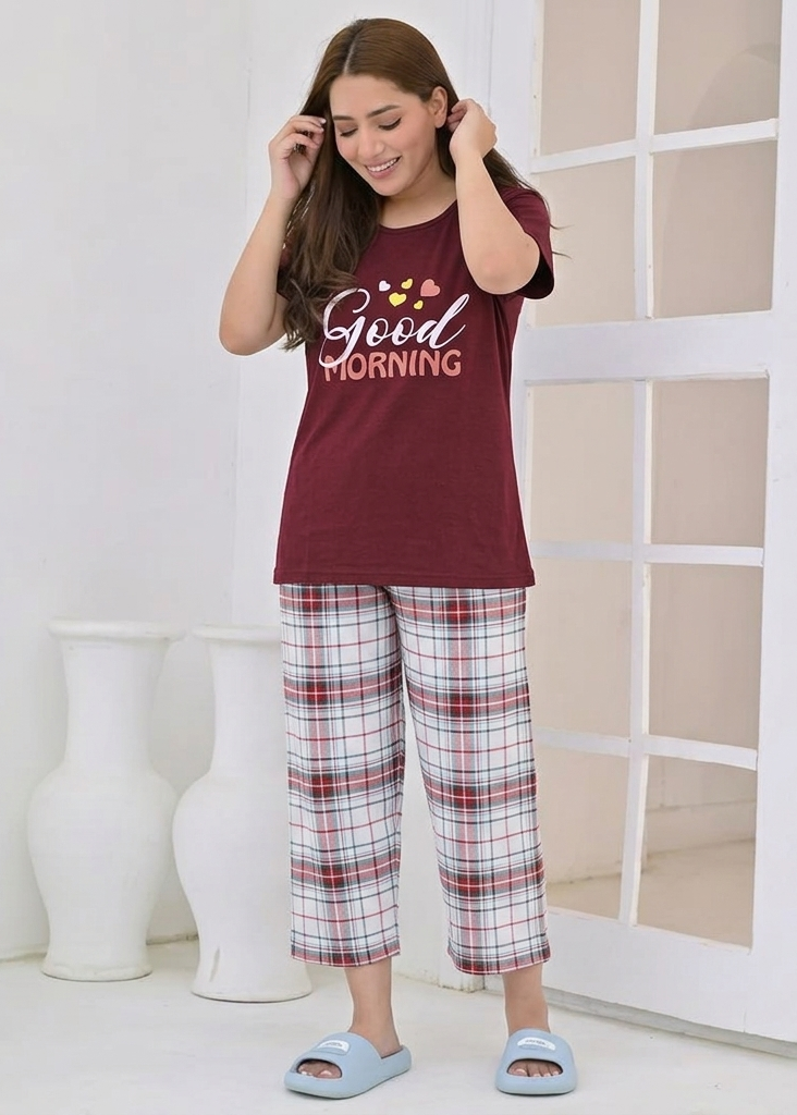 Good Morning Checkered Capri Pajama Set