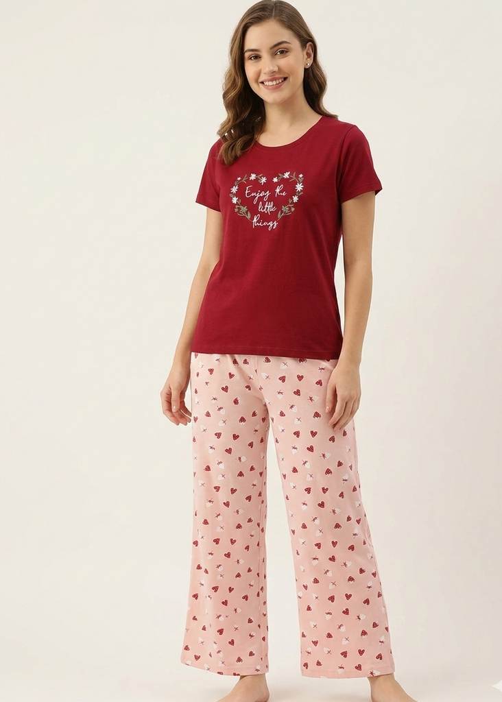 Heart Print Wide-Leg Pajama Set