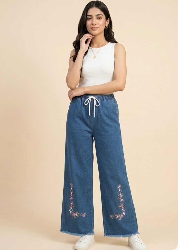 Blue Denim Wide Leg Jeans With Flower Embroidery