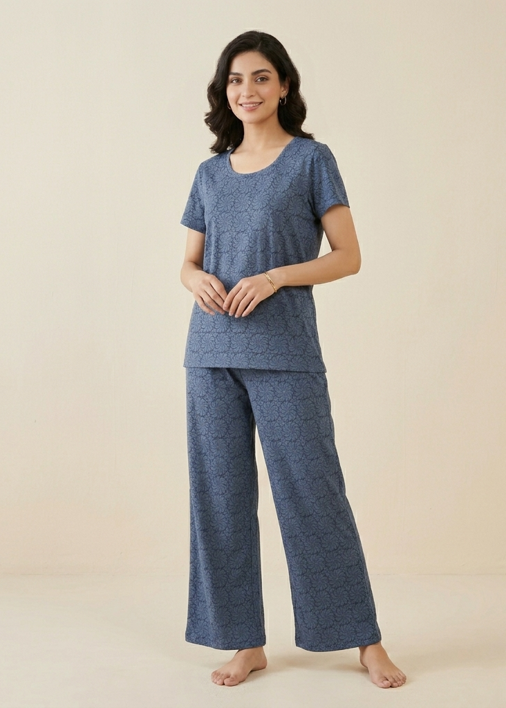 Premium Wide-Leg Deep Blue Loungewear Set