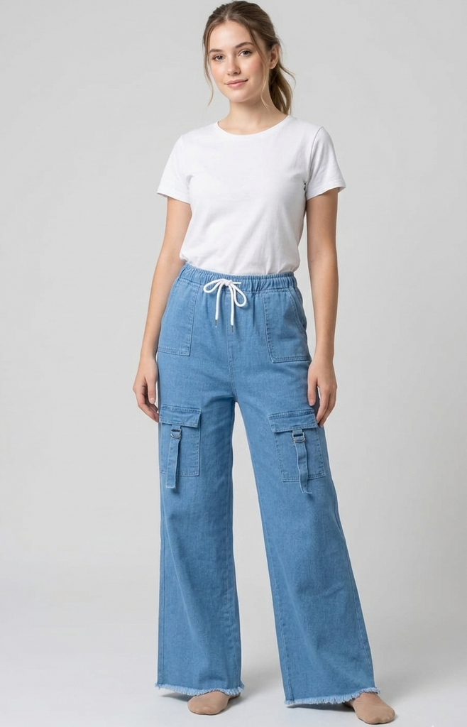 Sky Blue Cargo Wide Leg Elastic waist Denim Pant
