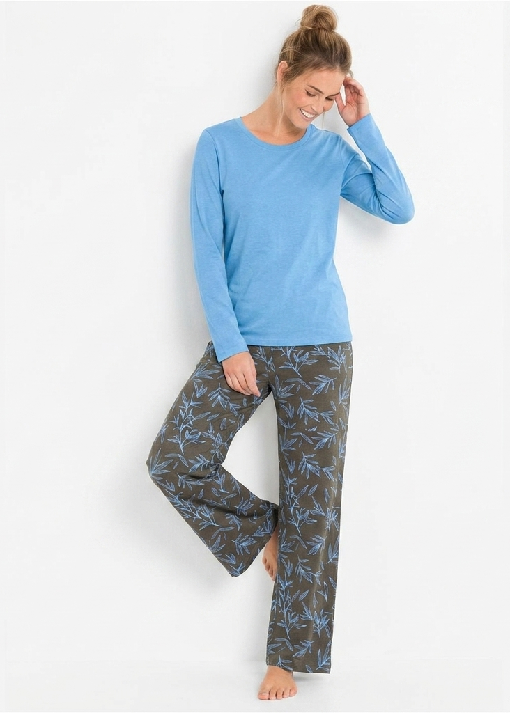 Sky Blue & Olive Leaf Wide-Leg Loungewear
