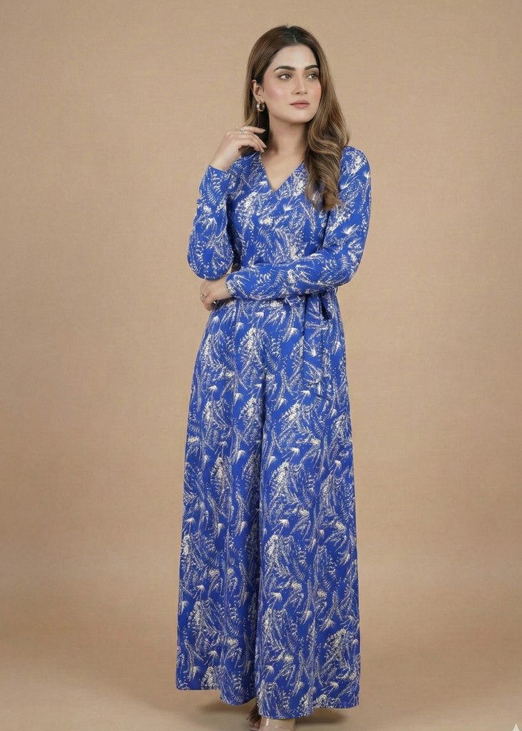 Blue Patterned Double Breasted Long Dress