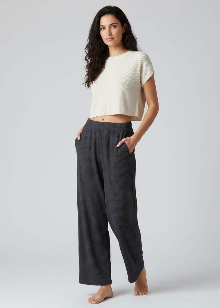 Rib Knit Wide Leg Pull On Pants Charcoal Grey