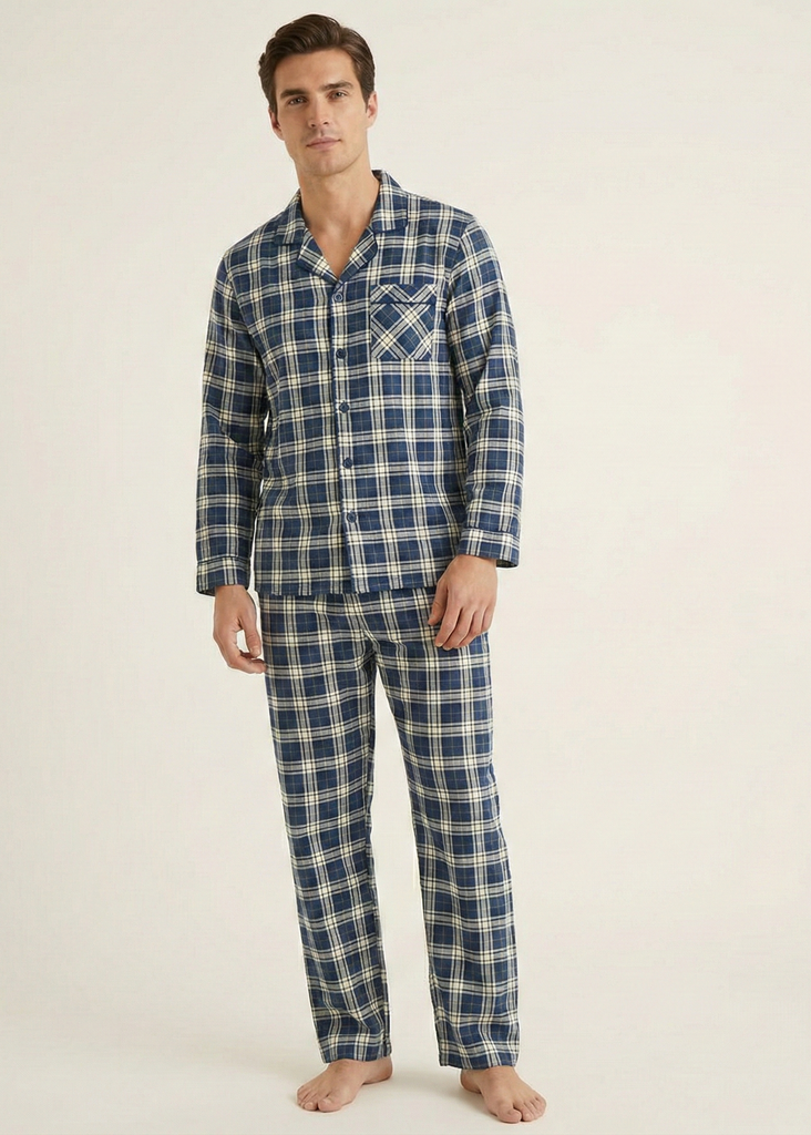 Men's Blue Plaid Flannel Pajama Suit