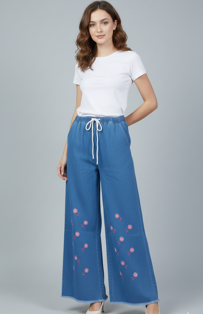 Blue Denim Wide Leg Jeans With Flower Embroidery