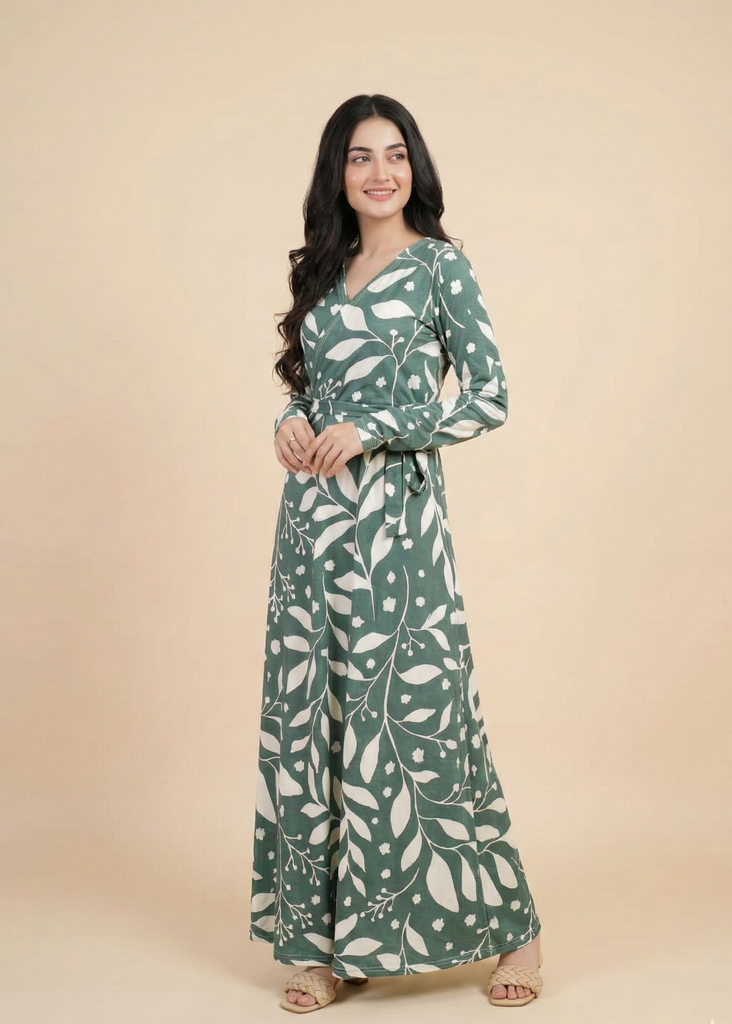 Green Patterned Double Breasted Long Dress