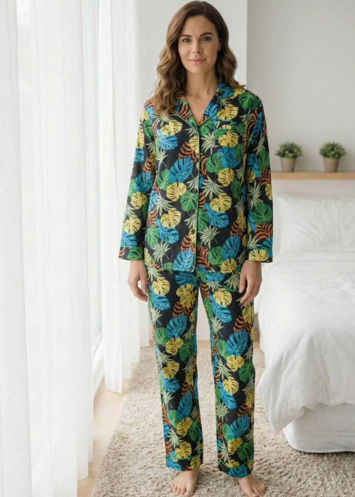 LINEN - Black Vibrant Tropical Monstera Leaf Print Button-Down Pajama Set