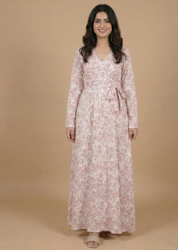 Roses Patterned Double Breasted Long Dress