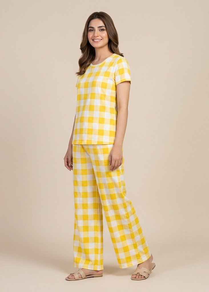 Premium Wide-Leg Yellow & White Checkered Loungewear Set