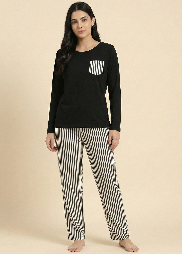 Women's Black Top and Striped Pajama Sleepwear Set