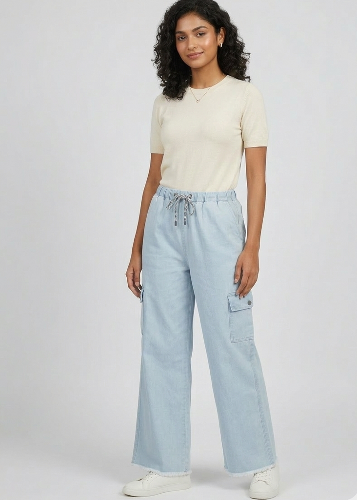 Sky Blue Cargo Wide Leg Elastic waist Denim Pant