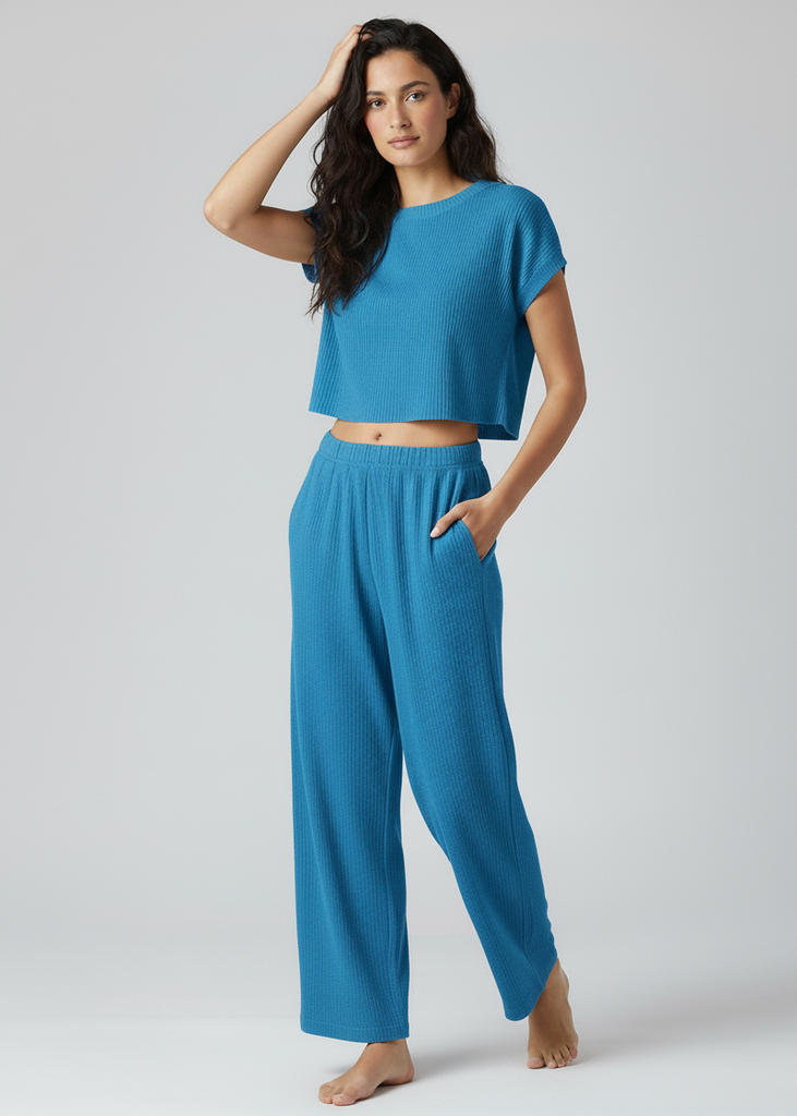 Rib Knit Wide Leg Pull On Pants Blue