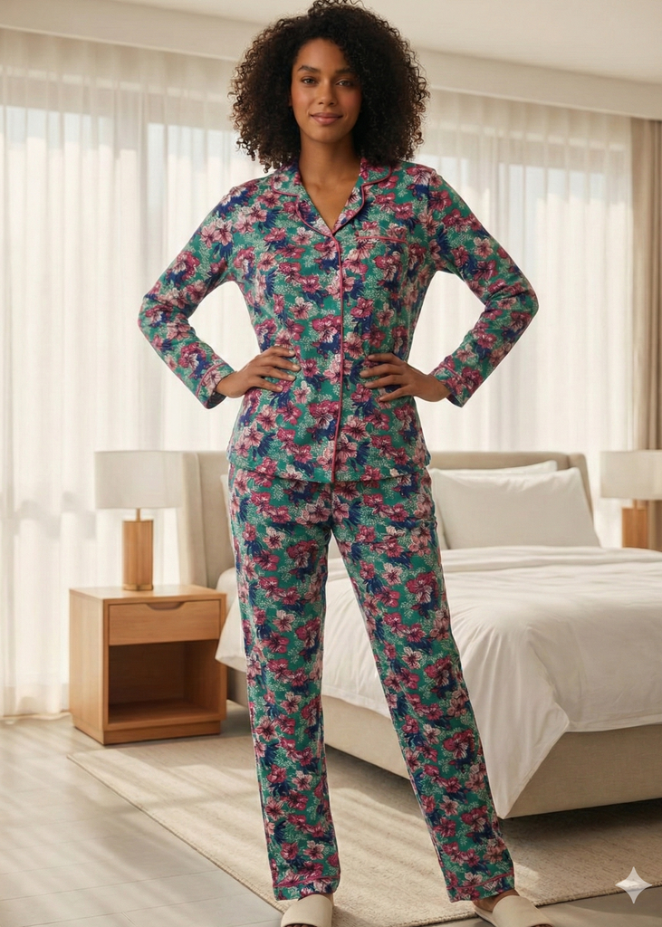 LINEN - Teal Floral Print Button-Up Pajama Set