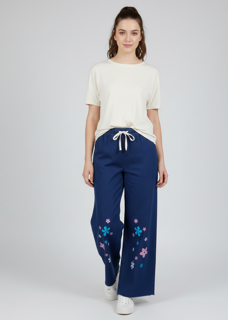 Dark Blue Denim Wide Leg Jeans With Flower Embroidery