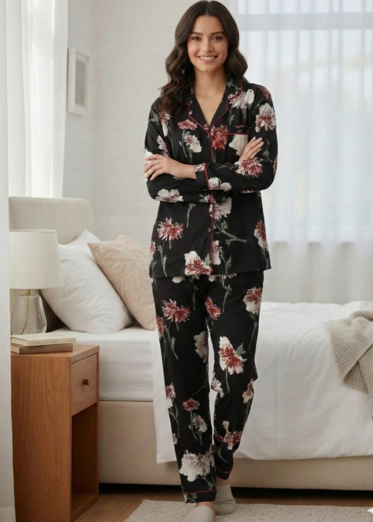 LINEN - Midnight Bloom Pajama Set with Red Piping