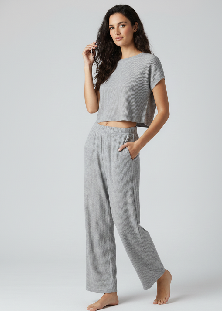 Rib Knit Wide Leg Pull On Pants Grey