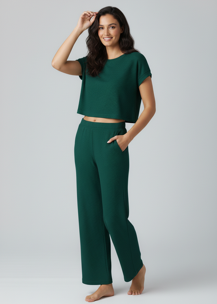 Rib Knit Wide Leg Pull On Pants Green