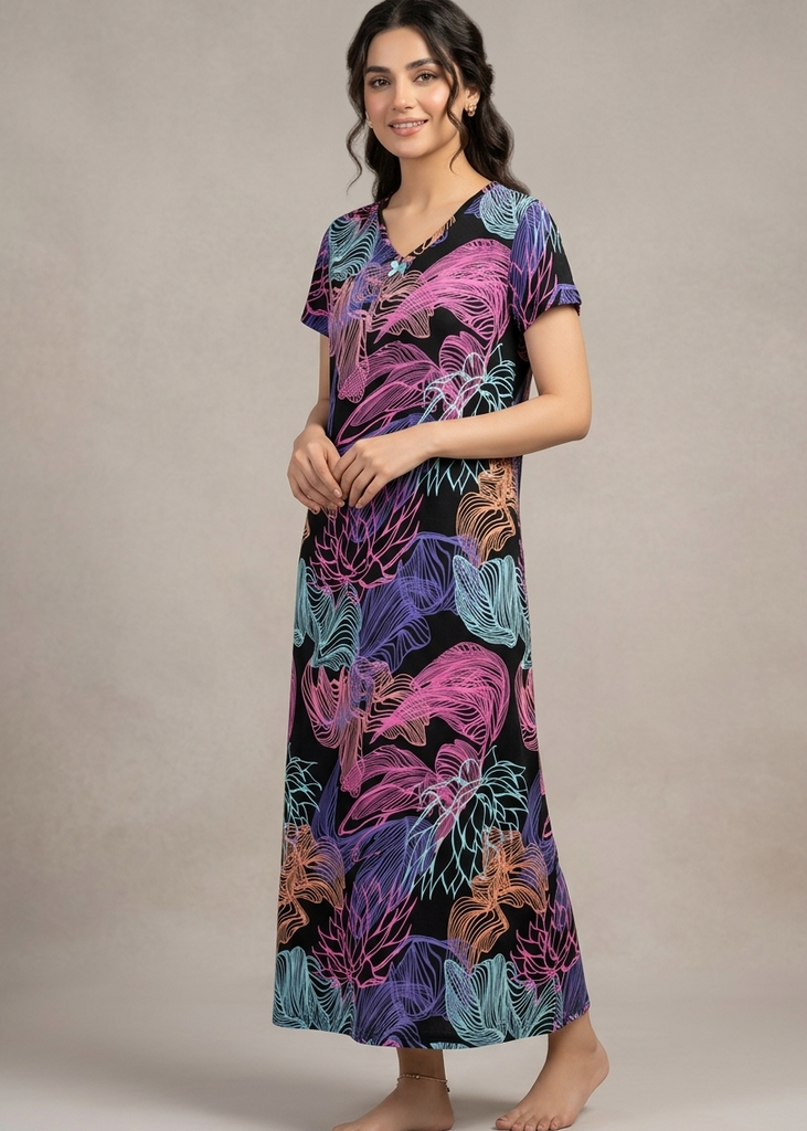 Midnight Bloom V-Neck Maxi Nightgown