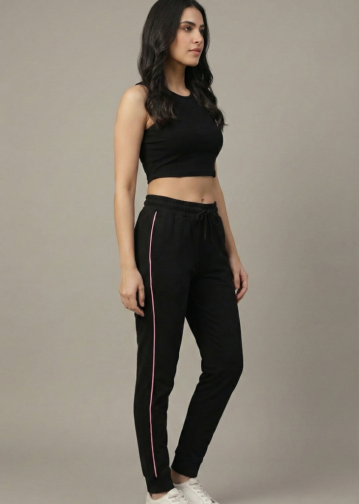 Women's Black Joggers with Pink Side Stripe