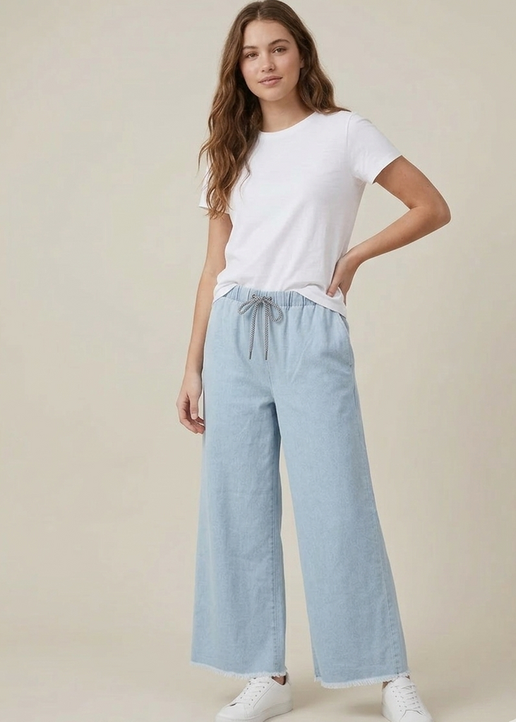 Sky Blue Wide Leg Elastic waist Denim Pant