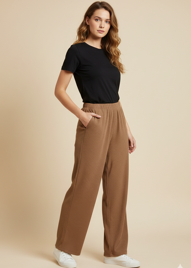 Rib Knit Wide Leg Pull On Pants Musturd