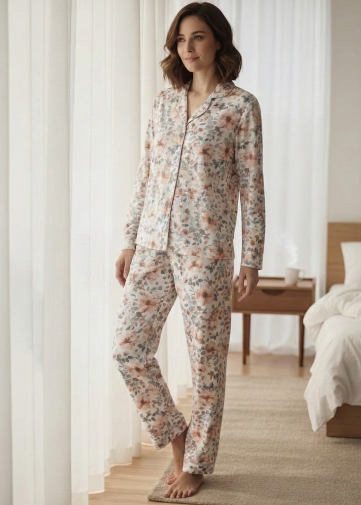 LINEN - Floral Print Button-Up Floral Pajama Set