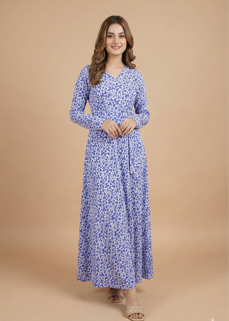 Purple Floral Double Breasted Long Dress