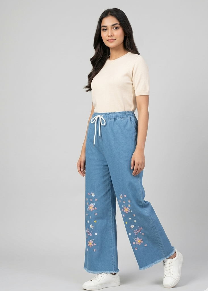 Blue Denim Wide Leg Jeans With Stylish Embroidery