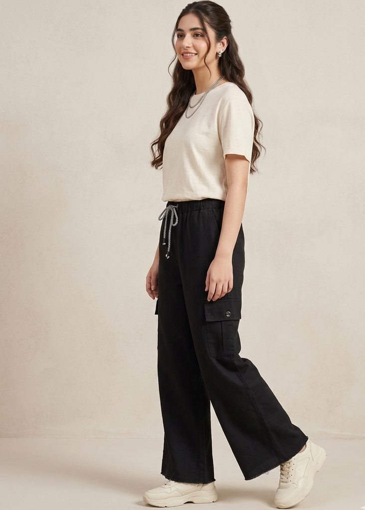 Black Cargo Wide Leg Elastic waist Denim Pant