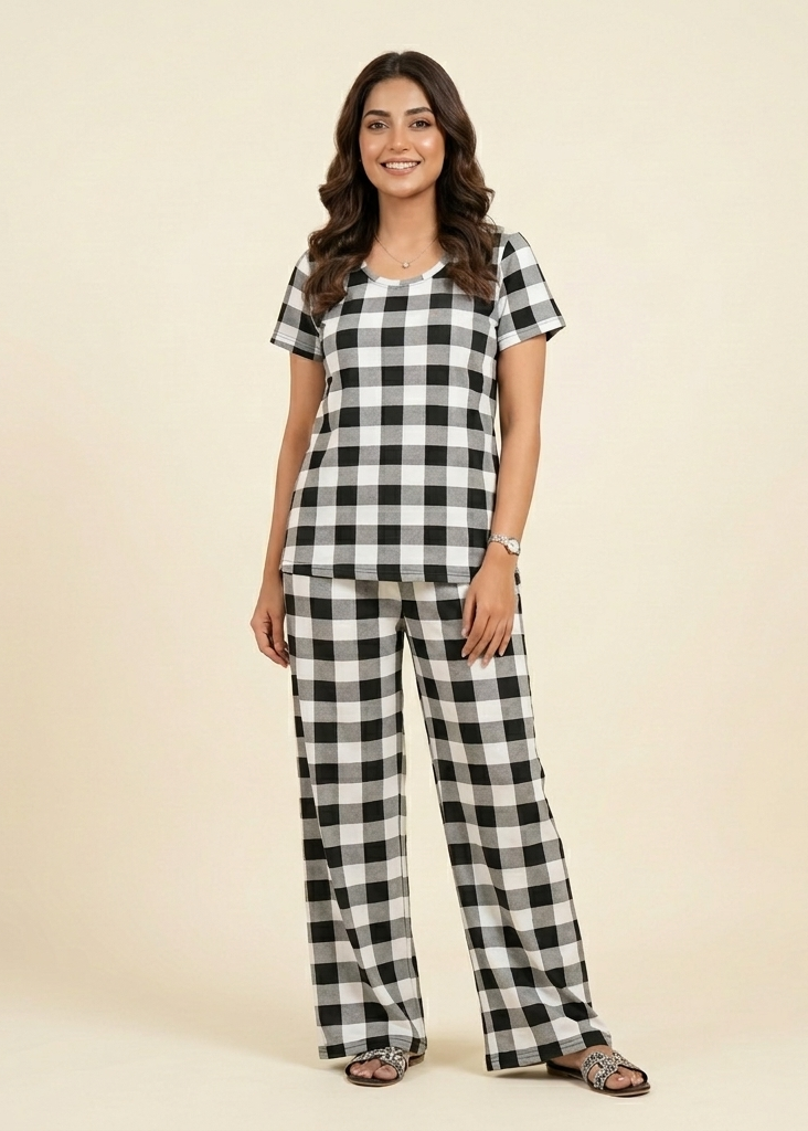 Premium Wide-Leg Black & White Checkered Loungewear Set