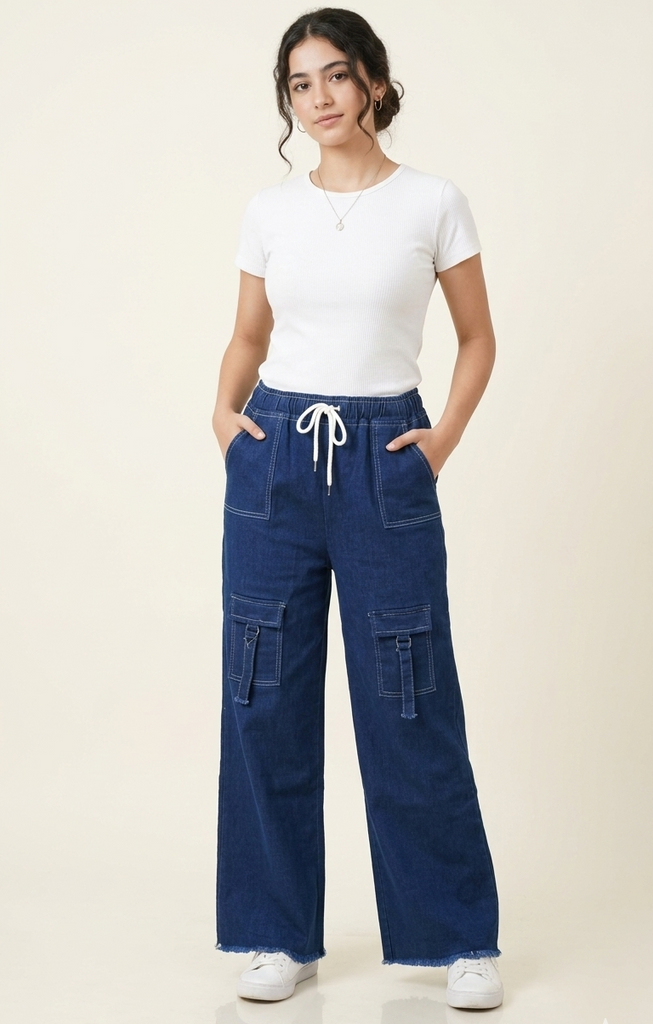 Dark Blue Cargo Wide Leg Elastic waist Denim Pant