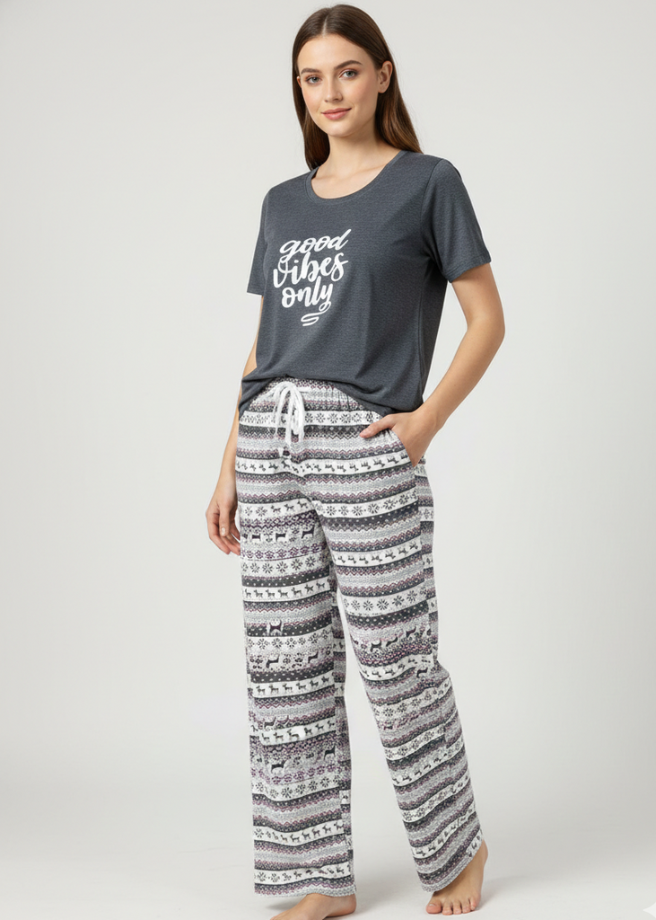 Wide Leg Pyjamas with Festive Reindeer Print