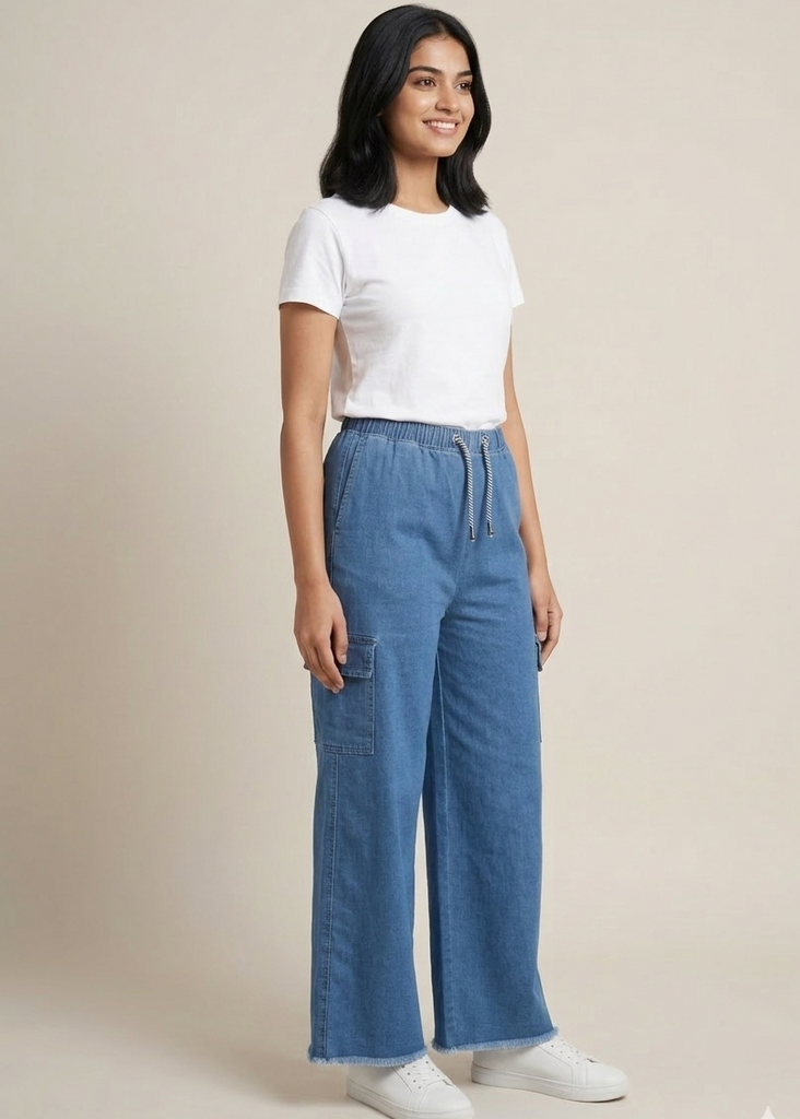 Denim Blue Cargo Wide Leg Elastic waist Denim Pant