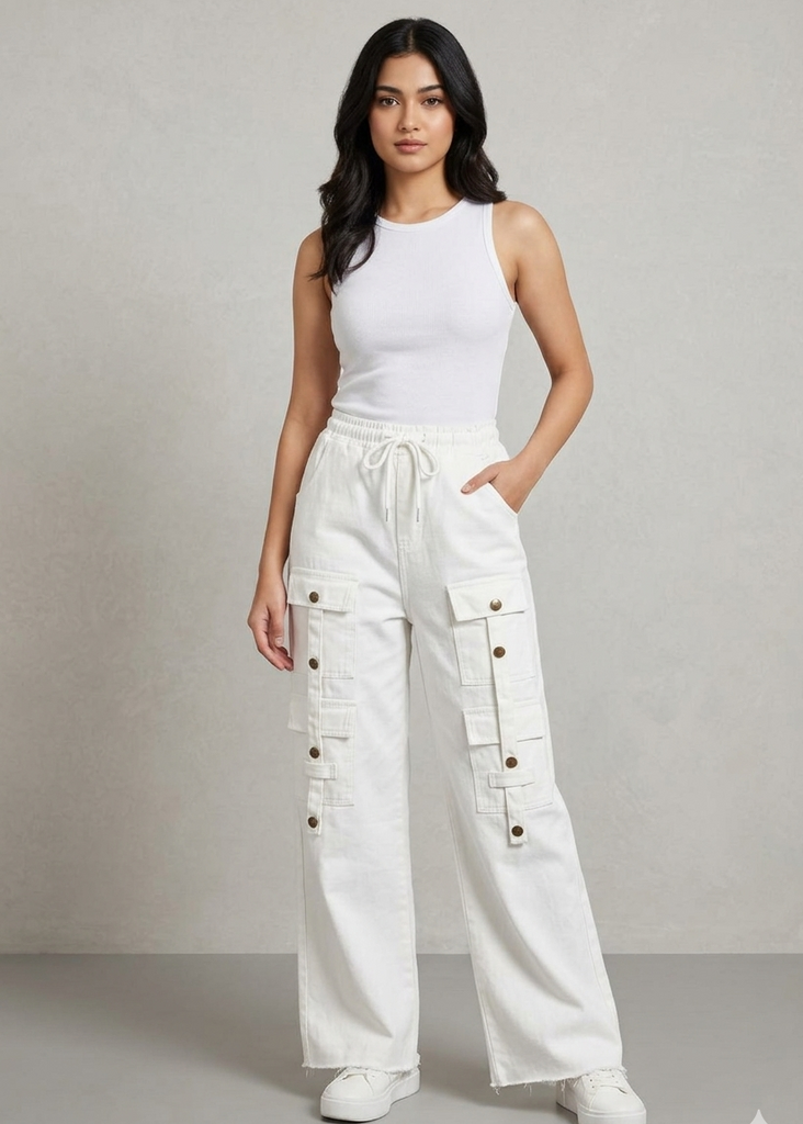 White Cargo Wide Leg Elastic Waist Pant
