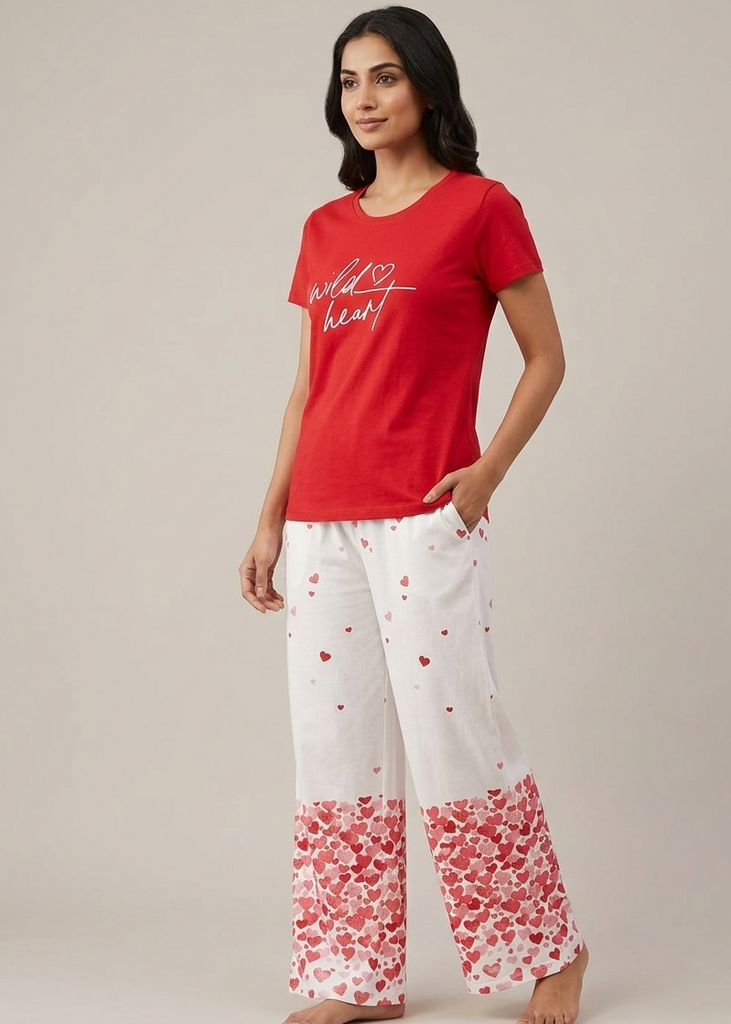 Wide-Leg Red & White Wild Heart" Printed Night Suit