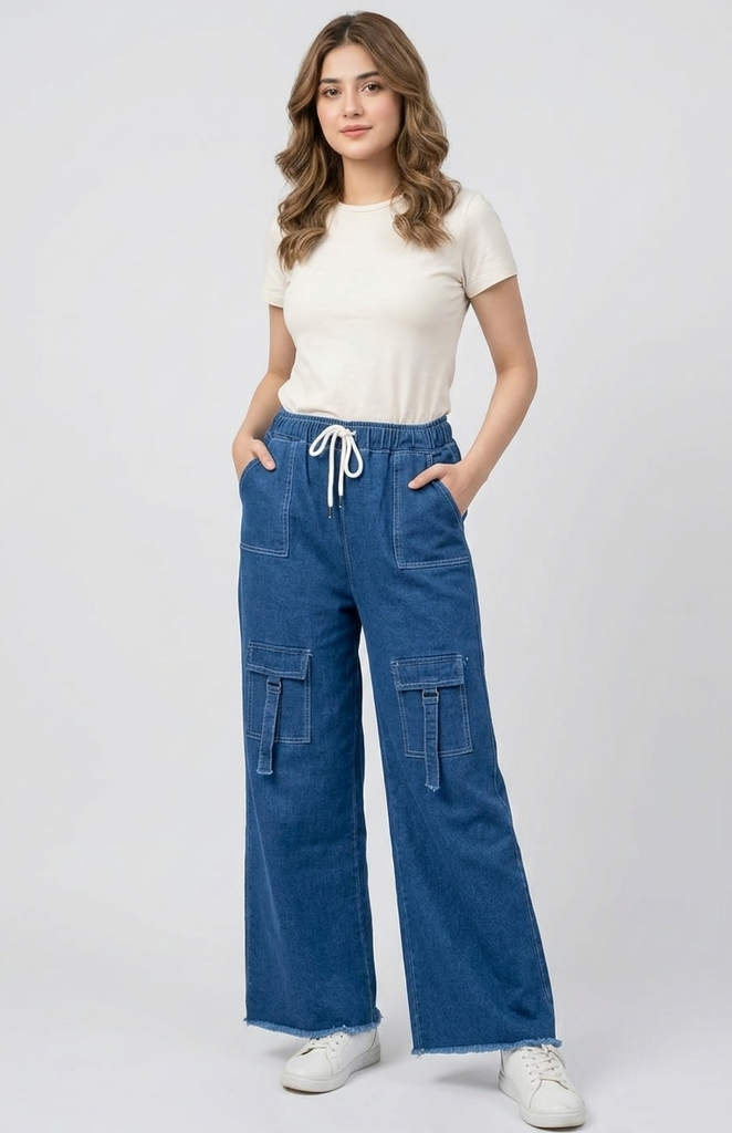 Denim Blue Cargo Wide Leg Elastic waist Denim Pant