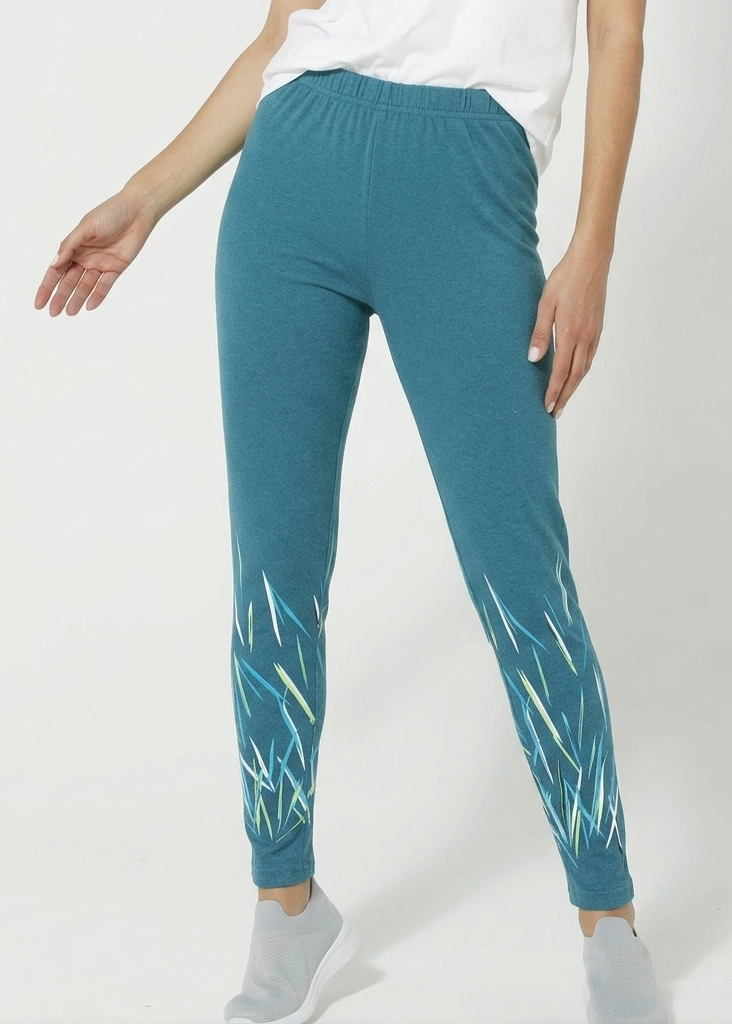 Teal Knit Leggings with Abstract Nature Print
