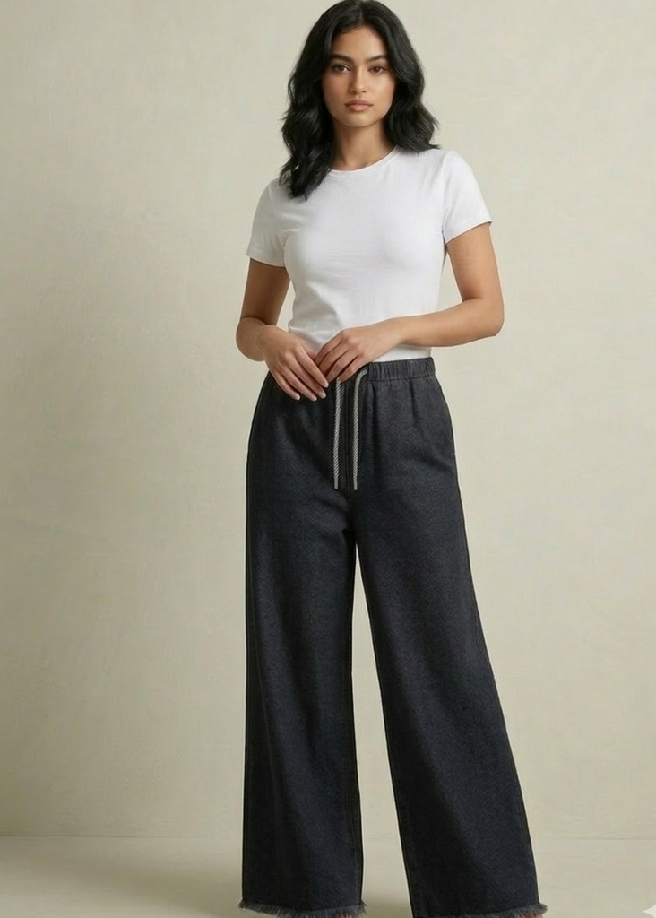 Black Wide Leg Elastic waist Denim Pant