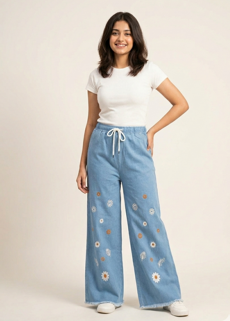 Sky Blue Denim Wide Leg Jeans With Daisy Embroidery