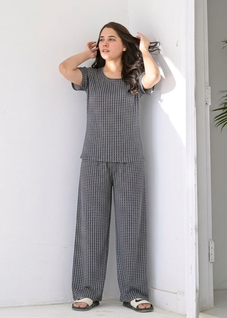 Charcoal Geo-Print Wide Leg Pjs