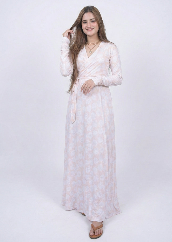 Light Pink Patterned Double Breasted Long Dress
